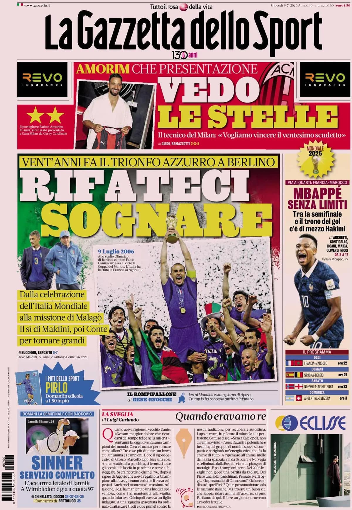 Today’s Papers: Italy’s 20th anniversary, Milan’s Amorim era, Mbappe vs. Morocco Today’s Papers: Italy’s 20th anniversary, Milan’s Amorim era, Mbappe vs. Morocco