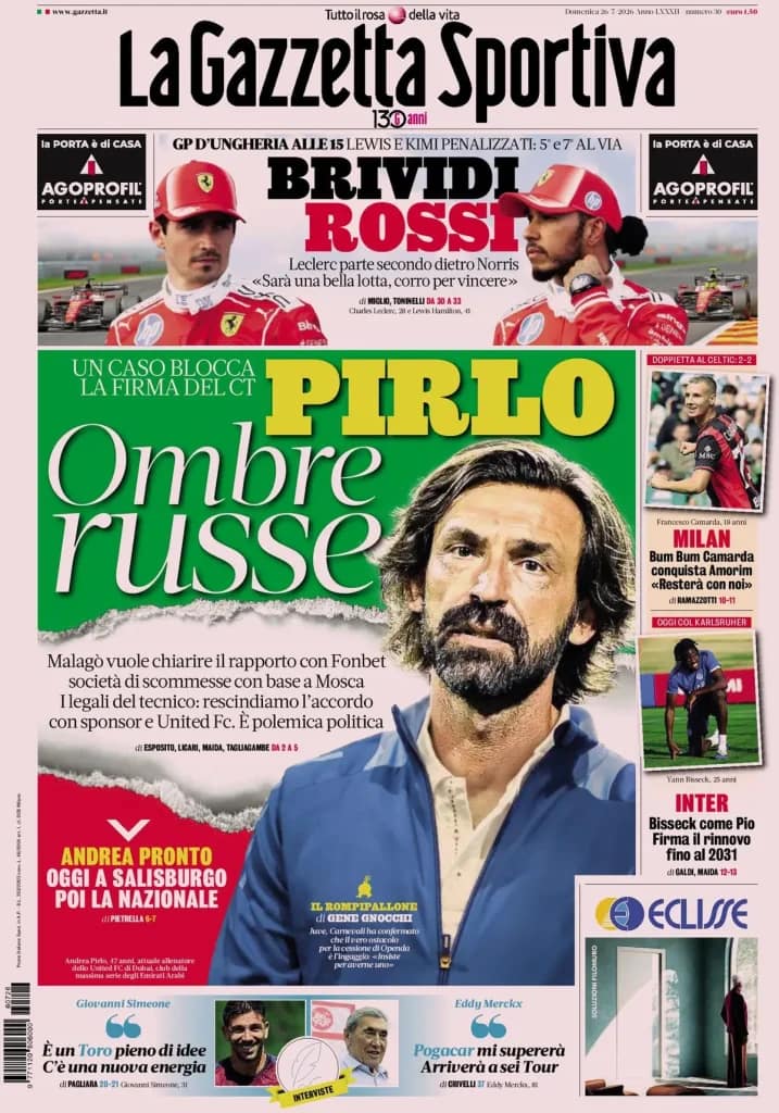 Today’s Papers: Fonbet row halts Pirlo coronation, Spalletti eyes Kolo Muani Today’s Papers: Fonbet row halts Pirlo coronation, Spalletti eyes Kolo Muani